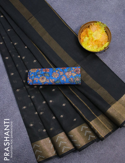 Semi tussar saree black and blue with allover zari woven geometric buttas and zari woven border & kalamkari printed blouse