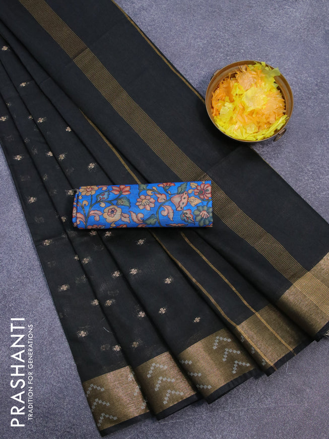 Semi tussar saree black and blue with allover zari woven geometric buttas and zari woven border & kalamkari printed blouse