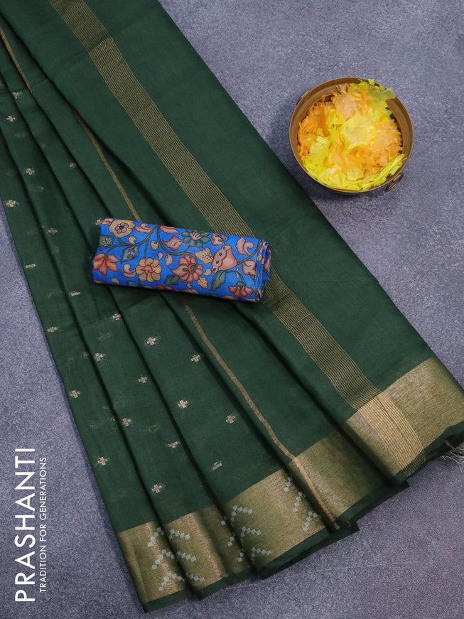 Semi tussar saree dark green and blue with allover zari woven geometric buttas and zari woven border & kalamkari printed blouse