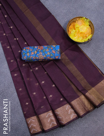 Semi tussar saree wine shade and blue with allover zari woven geometric buttas and zari woven border & kalamkari printed blouse