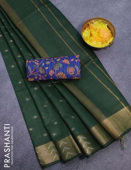 Semi tussar saree green and blue with allover zari woven geometric buttas and zari woven border & kalamkari printed blouse