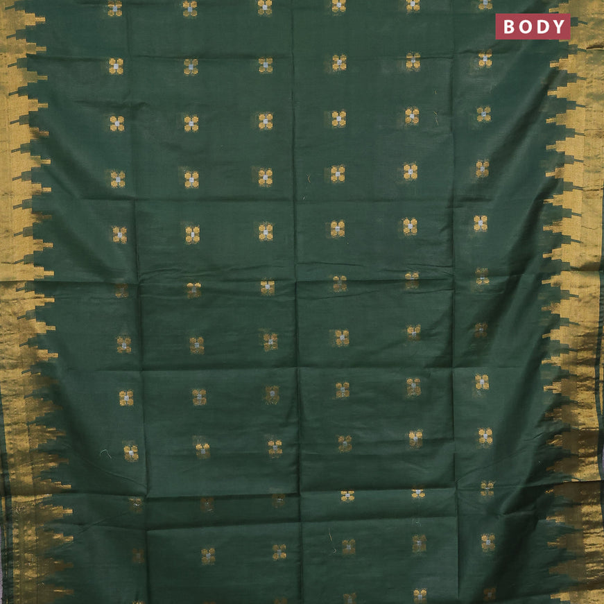 Semi tussar saree green and blue with silver & zari woven buttas and temple design zari woven border & kalamkari printed blouse