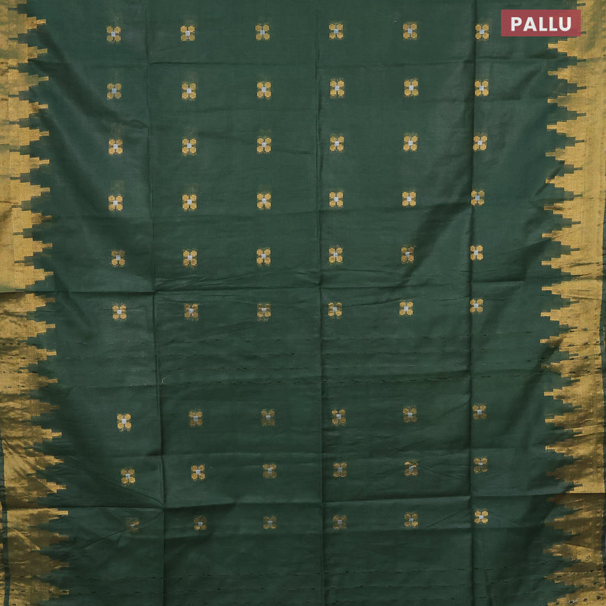 Semi tussar saree green and blue with silver & zari woven buttas and temple design zari woven border & kalamkari printed blouse