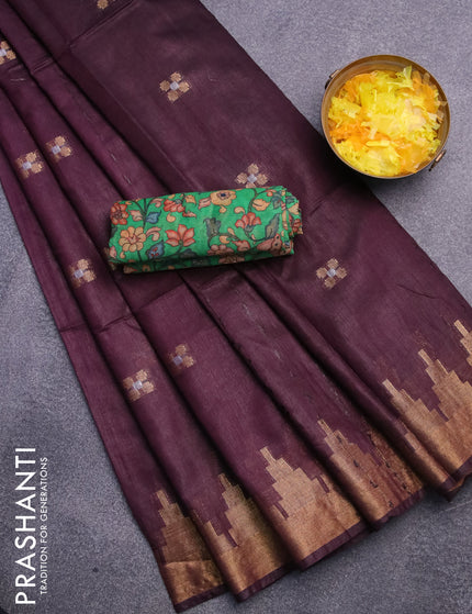 Semi tussar saree wine shade and green with silver & zari woven buttas and temple design zari woven border & kalamkari printed blouse