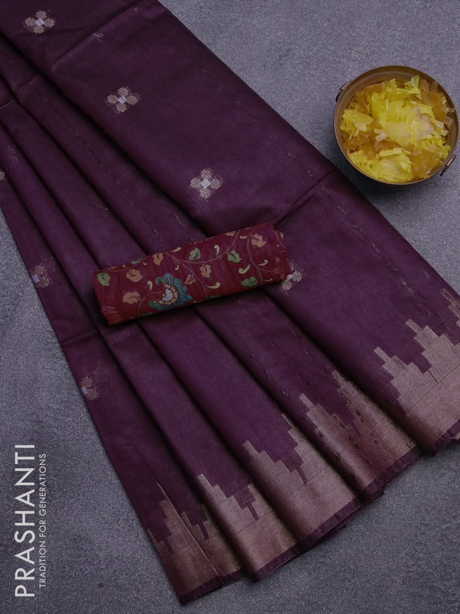 Semi tussar saree wine shade and maroon with silver & zari woven buttas and temple design zari woven border & kalamkari printed blouse