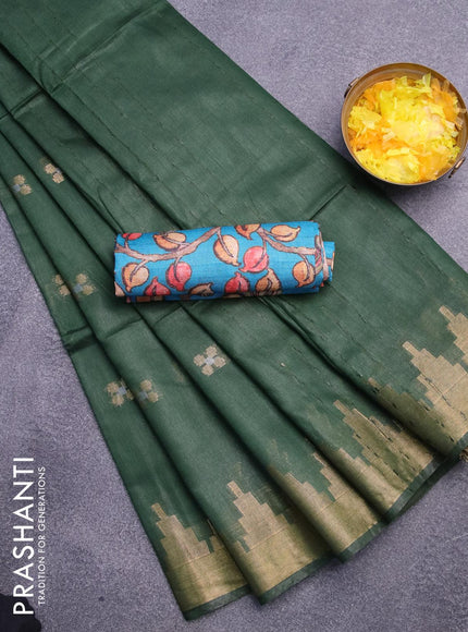 Semi tussar saree dark green and blue with silver & zari woven buttas and temple design zari woven border & kalamkari printed blouse