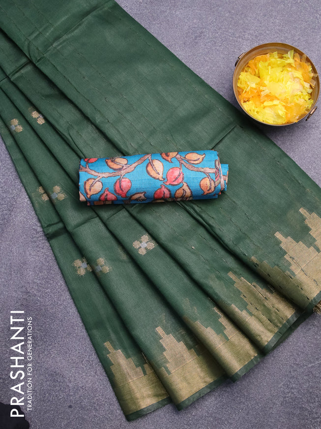 Semi tussar saree dark green and blue with silver & zari woven buttas and temple design zari woven border & kalamkari printed blouse