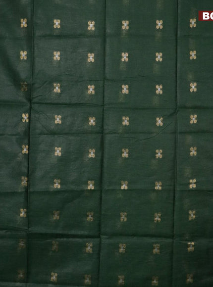 Semi tussar saree dark green and blue with silver & zari woven buttas and temple design zari woven border & kalamkari printed blouse