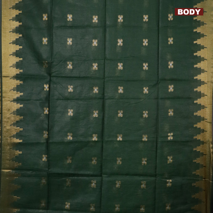 Semi tussar saree dark green and blue with silver & zari woven buttas and temple design zari woven border & kalamkari printed blouse