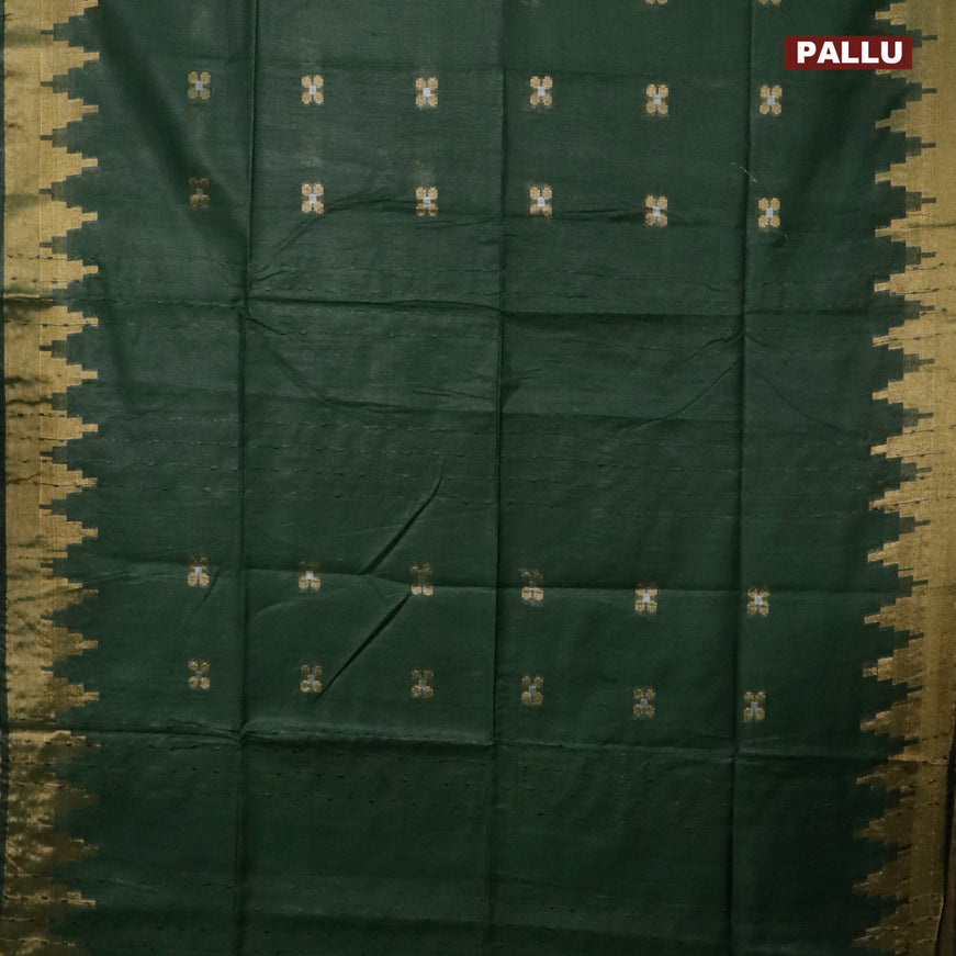 Semi tussar saree dark green and blue with silver & zari woven buttas and temple design zari woven border & kalamkari printed blouse