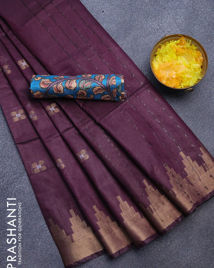 Semi tussar saree wine shade and cs blue with silver & zari woven buttas and temple design zari woven border & kalamkari printed blouse
