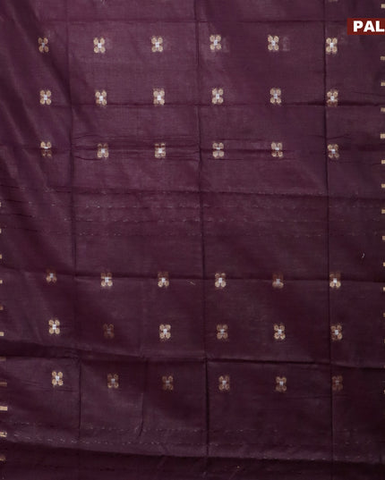 Semi tussar saree wine shade and blue with silver & zari woven buttas and temple design zari woven border & kalamkari printed blouse