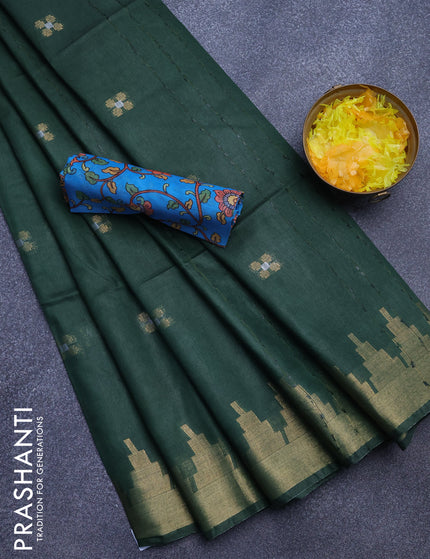 Semi tussar saree green and cs blue with silver & zari woven buttas and temple design zari woven border & kalamkari printed blouse