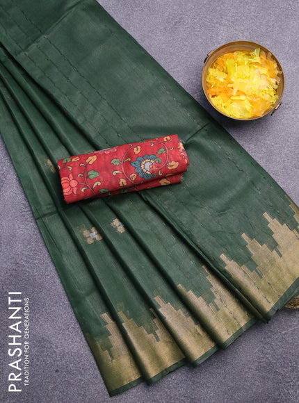 Semi tussar saree green and maroon with silver & zari woven buttas and temple design zari woven border & kalamkari printed blouse