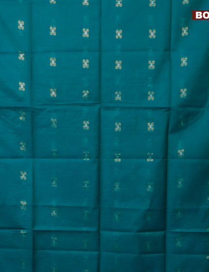 Semi tussar saree teal blue with silver & zari woven buttas and temple design zari woven border & kalamkari printed blouse