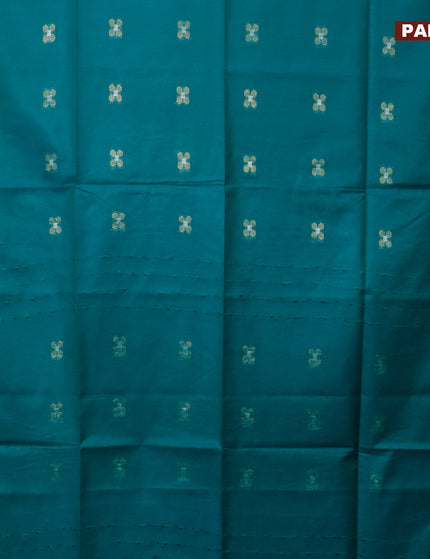 Semi tussar saree teal blue with silver & zari woven buttas and temple design zari woven border & kalamkari printed blouse