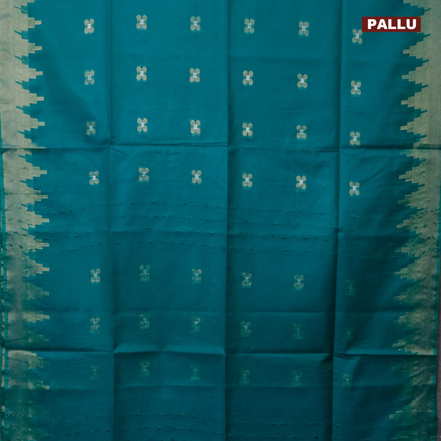 Semi tussar saree teal blue with silver & zari woven buttas and temple design zari woven border & kalamkari printed blouse