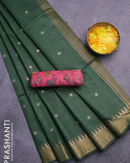 Semi tussar saree dark green and pink with allover zari woven buttas and temple design zari woven border & kalamkari printed blouse