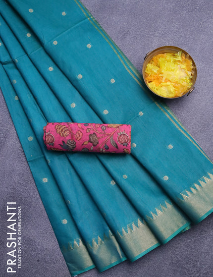 Semi tussar saree teal green shade and pink with allover zari woven buttas and temple design zari woven border & kalamkari printed blouse