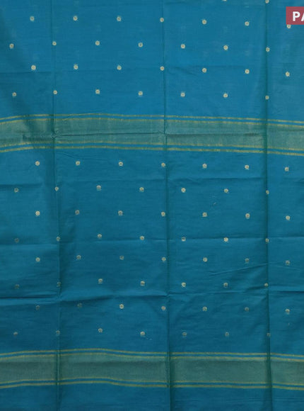 Semi tussar saree teal green shade and pink with allover zari woven buttas and temple design zari woven border & kalamkari printed blouse