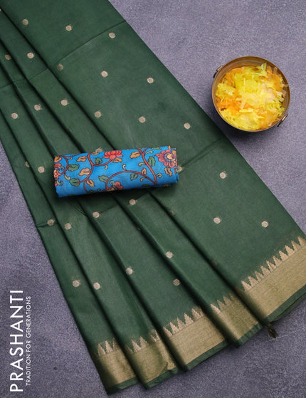 Semi tussar saree dark green and cs blue with allover zari woven buttas and temple design zari woven border & kalamkari printed blouse