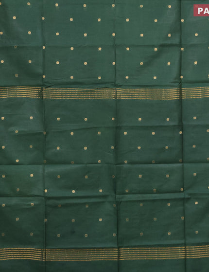 Semi tussar saree dark green and cs blue with allover zari woven buttas and temple design zari woven border & kalamkari printed blouse