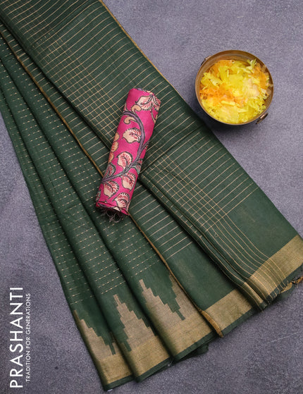 Semi tussar saree dark green and pink with allover zari stripe pattern and temple design zari woven border & kalamkari printed blouse