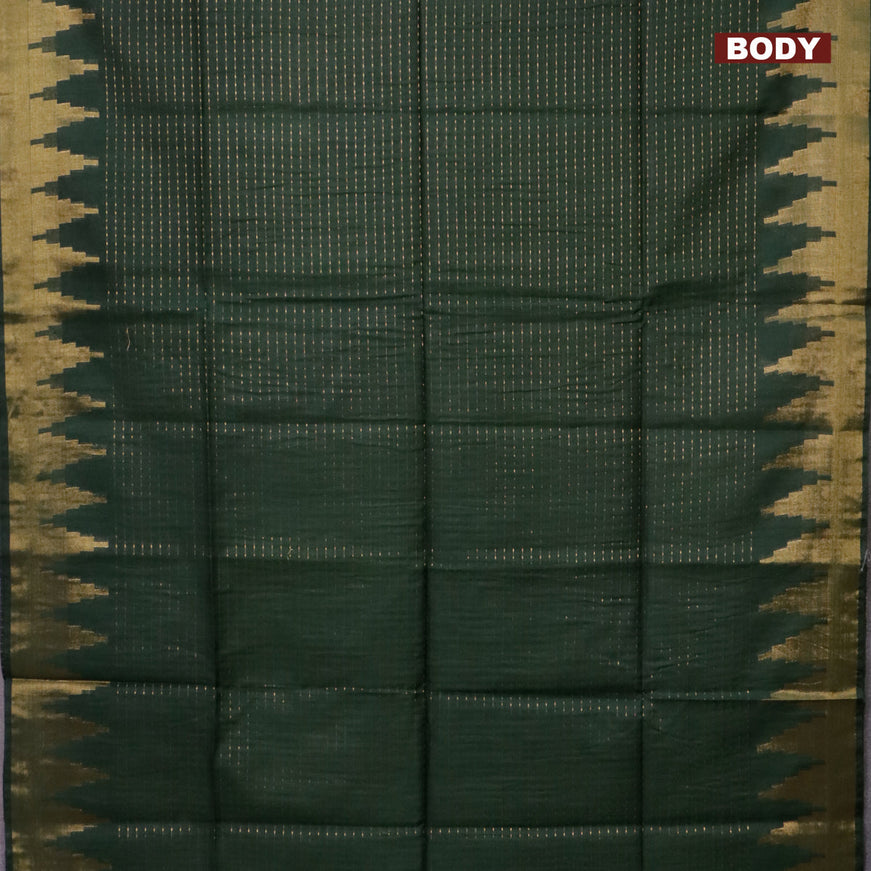 Semi tussar saree dark green and pink with allover zari stripe pattern and temple design zari woven border & kalamkari printed blouse