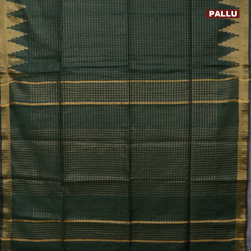 Semi tussar saree dark green and pink with allover zari stripe pattern and temple design zari woven border & kalamkari printed blouse