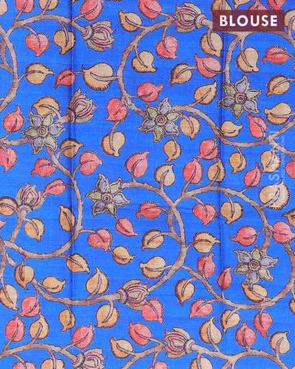Semi tussar saree purple and royal blue with allover zari stripe pattern and temple design zari woven border & kalamkari printed blouse