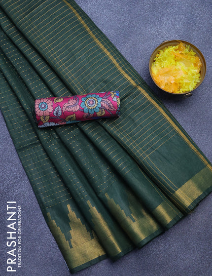 Semi tussar saree dark green and pink with allover zari stripe pattern and temple design zari woven border & kalamkari printed blouse