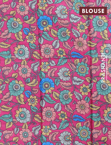 Semi tussar saree dark green and pink with allover zari stripe pattern and temple design zari woven border & kalamkari printed blouse