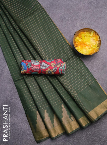 Semi tussar saree dark green and red with allover zari stripe pattern and temple design zari woven border & kalamkari printed blouse