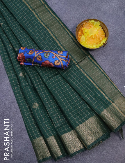 Semi tussar saree green and blue with allover zari checks & buttas and zari woven border & kalamkari printed blouse