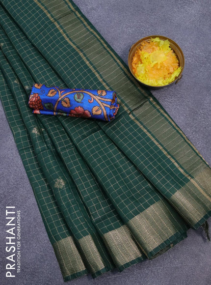 Semi tussar saree green and blue with allover zari checks & buttas and zari woven border & kalamkari printed blouse