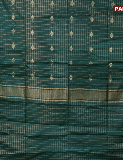 Semi tussar saree green and blue with allover zari checks & buttas and zari woven border & kalamkari printed blouse