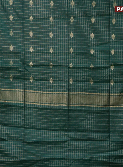 Semi tussar saree green and blue with allover zari checks & buttas and zari woven border & kalamkari printed blouse