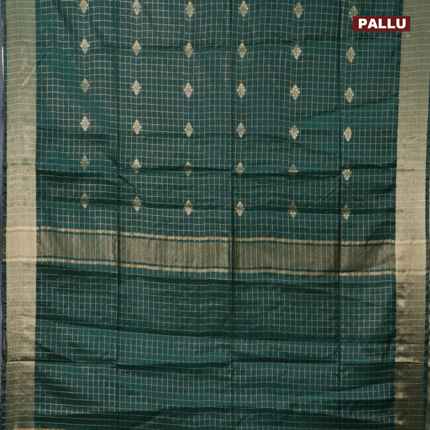 Semi tussar saree green and blue with allover zari checks & buttas and zari woven border & kalamkari printed blouse