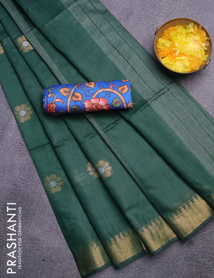 Semi tussar saree dark green and blue with gold & silver zari woven buttas and zari woven border & kalamkari printed blouse