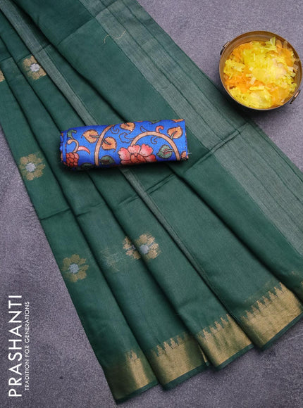 Semi tussar saree dark green and blue with gold & silver zari woven buttas and zari woven border & kalamkari printed blouse