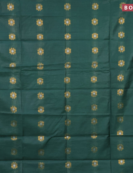 Semi tussar saree dark green and blue with gold & silver zari woven buttas and zari woven border & kalamkari printed blouse