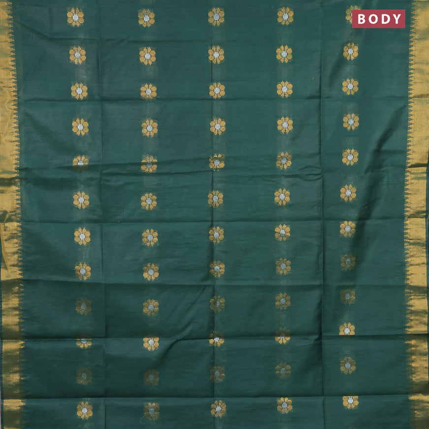 Semi tussar saree dark green and blue with gold & silver zari woven buttas and zari woven border & kalamkari printed blouse