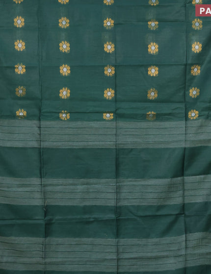 Semi tussar saree dark green and blue with gold & silver zari woven buttas and zari woven border & kalamkari printed blouse