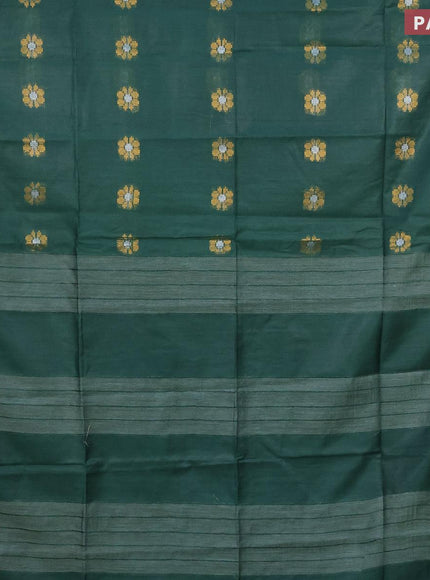 Semi tussar saree dark green and blue with gold & silver zari woven buttas and zari woven border & kalamkari printed blouse