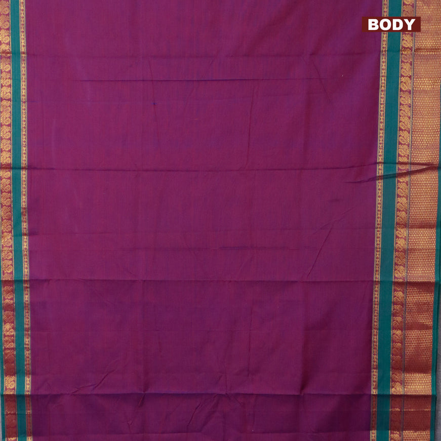 Narayanpet cotton saree dual shade of purple and green with plain body and annam zari woven border