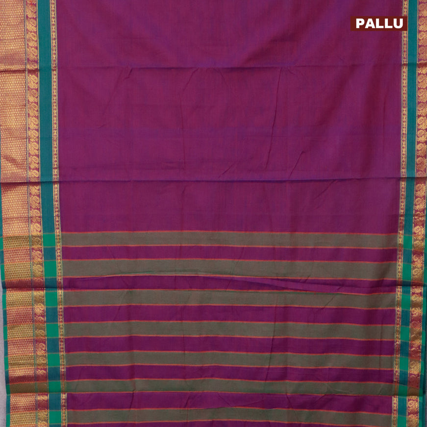 Narayanpet cotton saree dual shade of purple and green with plain body and annam zari woven border