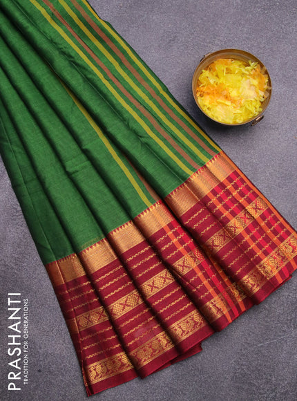 Narayanpet cotton saree green and maroon with plain body and long zari woven border