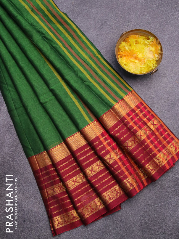 Narayanpet cotton saree green and maroon with plain body and long zari woven border