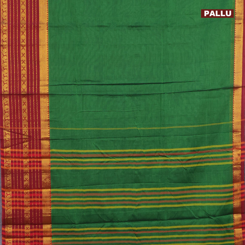 Narayanpet cotton saree green and maroon with plain body and long zari woven border