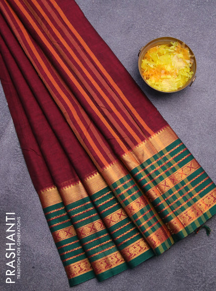 Narayanpet cotton saree dark magenta and green with plain body and long zari woven border